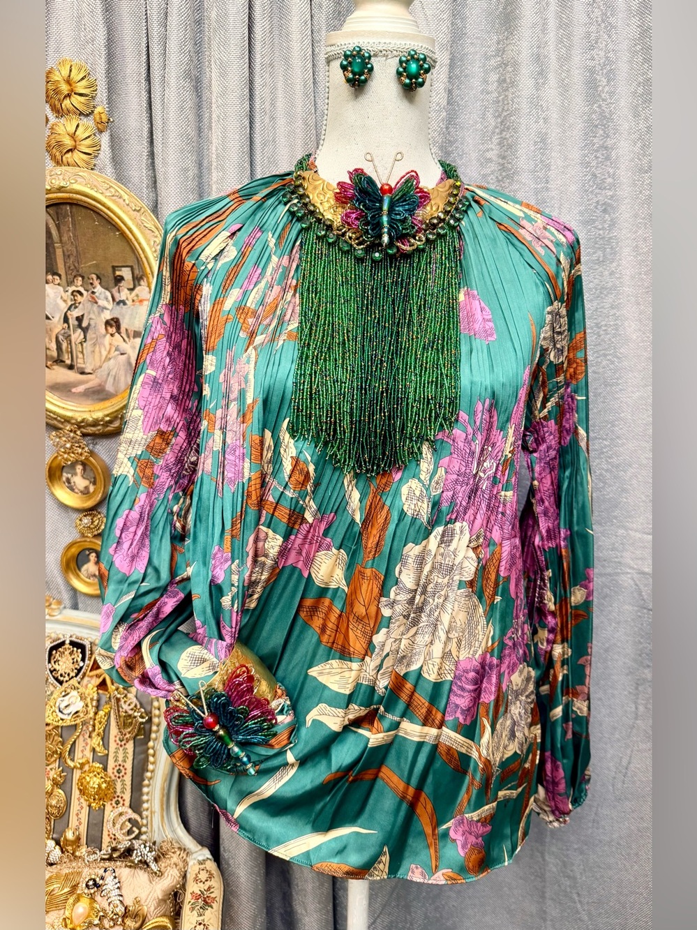 Emerald Nocturne Butterfly Ensemble- Blouse and Vintage Custom Jewelry Set